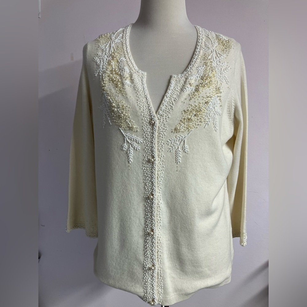 Ann Taylor Wool/Cashmere Blend Women’s Button Front Sweater, XL, Ivory, Beaded